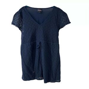 Navy Blue Lace Front Short Sleeve Maternity Top M